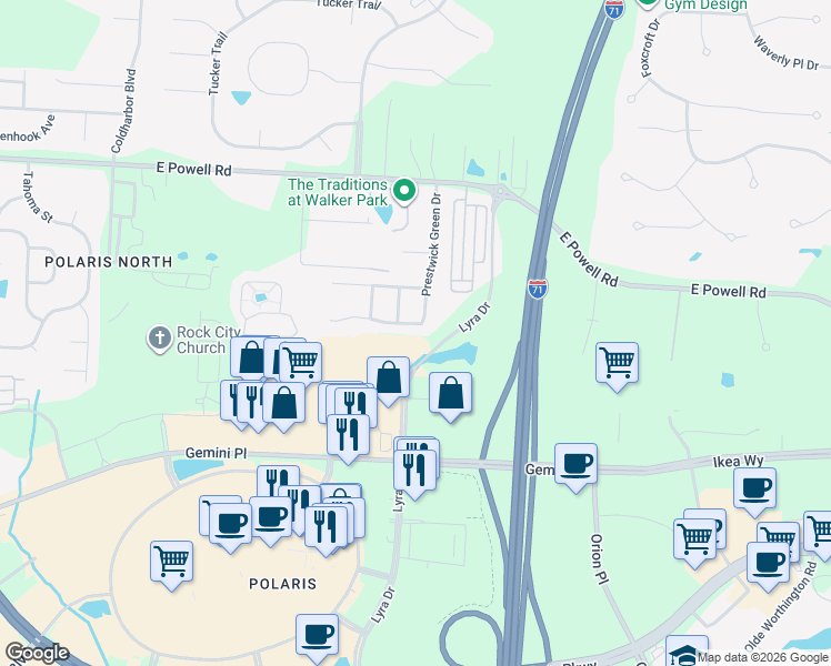 map of restaurants, bars, coffee shops, grocery stores, and more near 1635 England Drive in Columbus