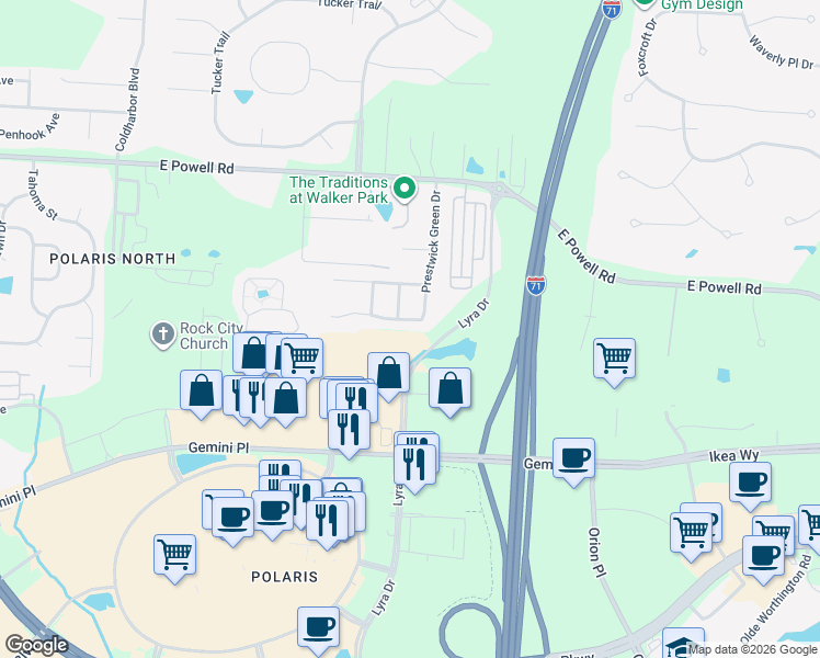 map of restaurants, bars, coffee shops, grocery stores, and more near 1599 England Drive in Columbus