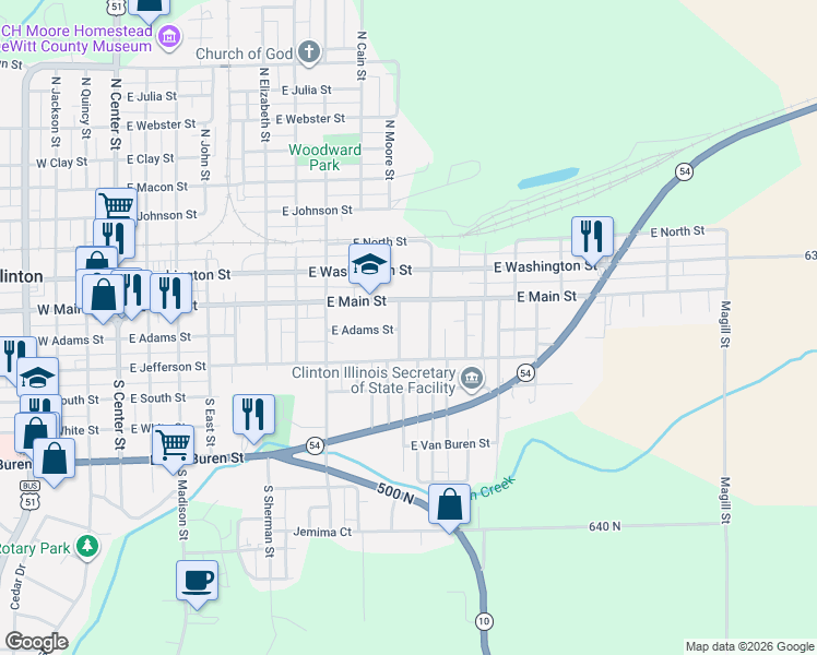 map of restaurants, bars, coffee shops, grocery stores, and more near 115 South Isabella Street in Clinton