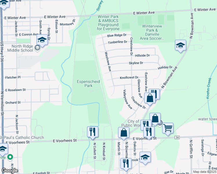 map of restaurants, bars, coffee shops, grocery stores, and more near 800 Southmoor Drive in Danville