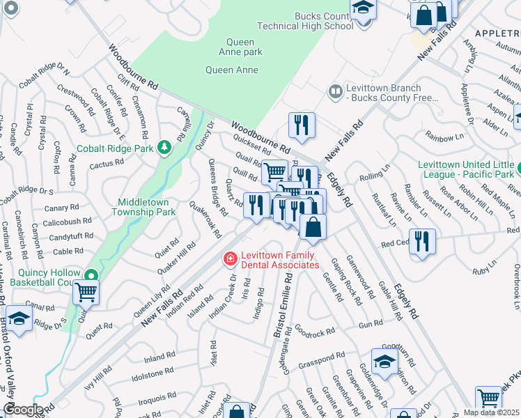 map of restaurants, bars, coffee shops, grocery stores, and more near 30 Quarry Road in Levittown