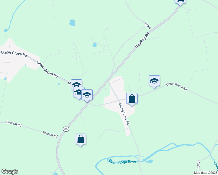 map of restaurants, bars, coffee shops, grocery stores, and more near 473 Spring Grove Road in East Earl