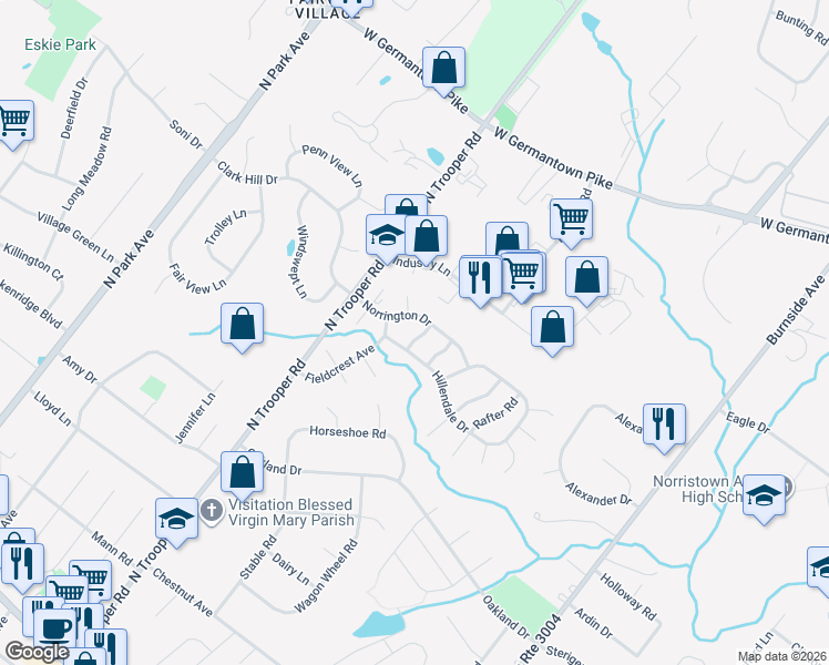 map of restaurants, bars, coffee shops, grocery stores, and more near 4 Greentree Lane in Norristown