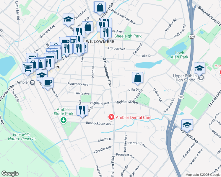 map of restaurants, bars, coffee shops, grocery stores, and more near 204 South Bethlehem Pike in Ambler