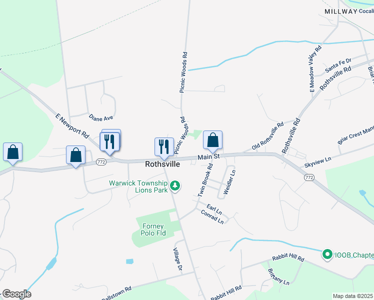 map of restaurants, bars, coffee shops, grocery stores, and more near 1 Picnic Woods Road in Lititz