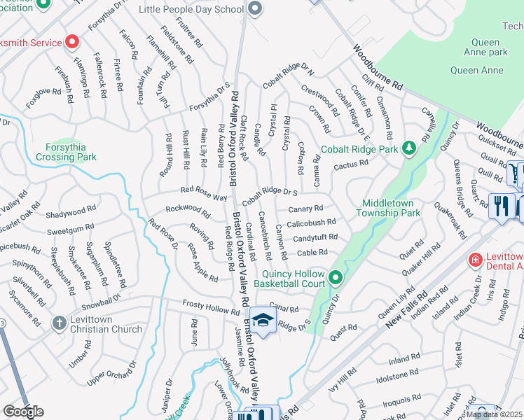 map of restaurants, bars, coffee shops, grocery stores, and more near 68 Canoebirch Road in Levittown