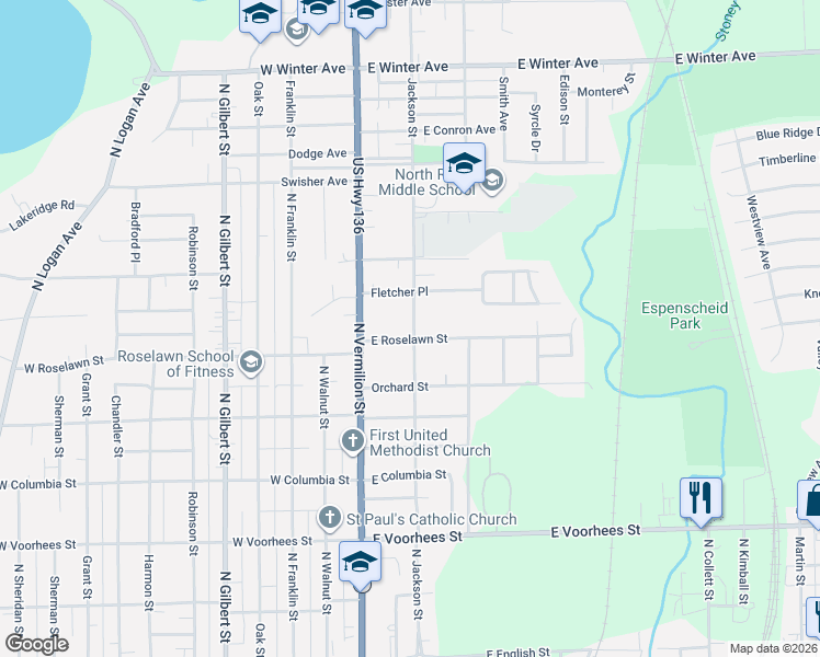 map of restaurants, bars, coffee shops, grocery stores, and more near 1-99 East Roselawn Street in Danville