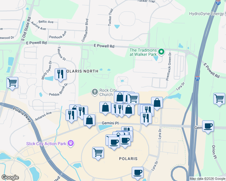map of restaurants, bars, coffee shops, grocery stores, and more near 9080 Quantum Square Drive in Columbus