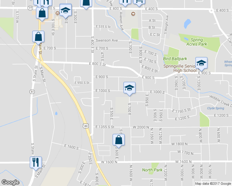 map of restaurants, bars, coffee shops, grocery stores, and more near 590 East 1000 South in Springville