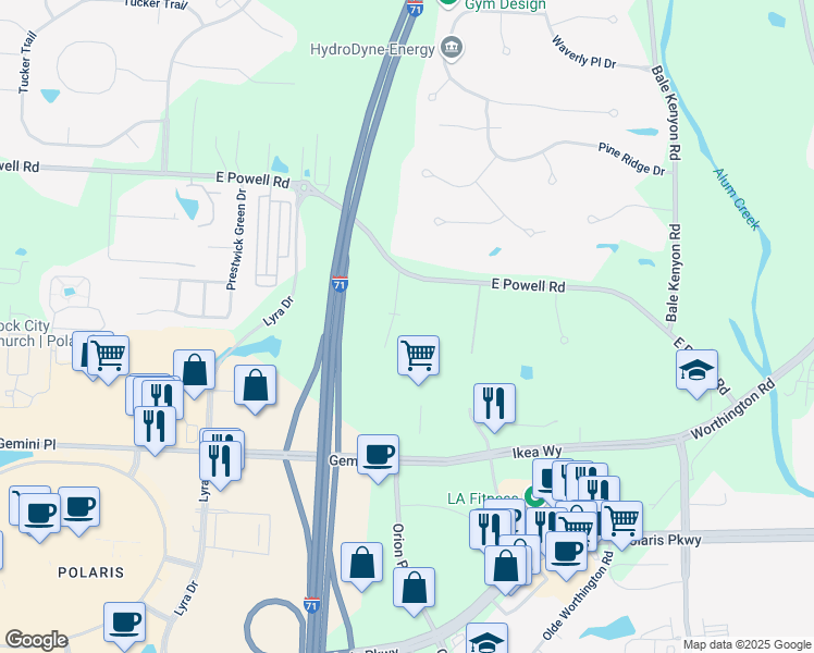 map of restaurants, bars, coffee shops, grocery stores, and more near 8175 Colonial Meadows Drive in Lewis Center