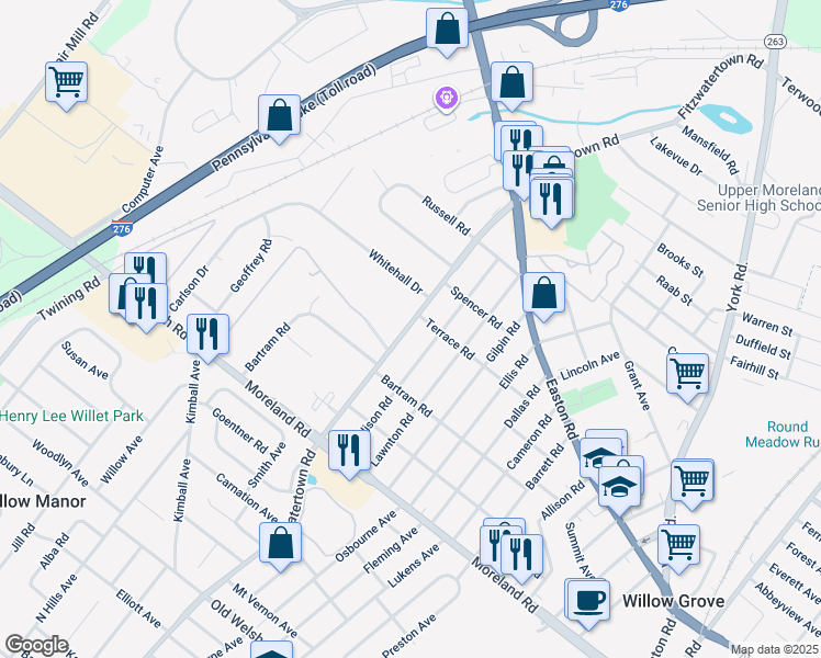 map of restaurants, bars, coffee shops, grocery stores, and more near 245 Fitzwatertown Road in Willow Grove
