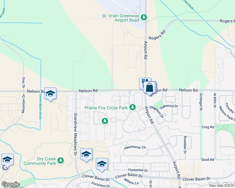 map of restaurants, bars, coffee shops, grocery stores, and more near 4501 Nelson Road in Longmont