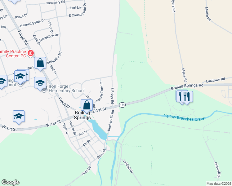 map of restaurants, bars, coffee shops, grocery stores, and more near 8 South Ridge Road in Boiling Springs
