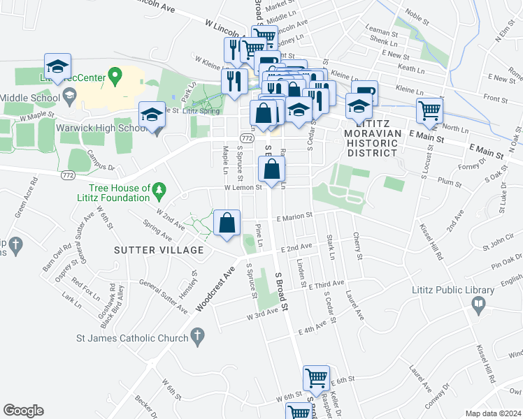 map of restaurants, bars, coffee shops, grocery stores, and more near 234 South Broad Street in Lititz