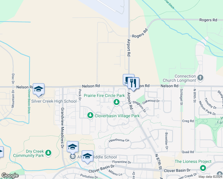 map of restaurants, bars, coffee shops, grocery stores, and more near 635 Gooseberry Drive in Longmont