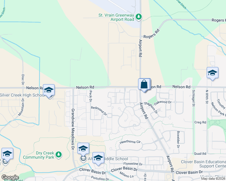 map of restaurants, bars, coffee shops, grocery stores, and more near 4501 Nelson Road in Longmont