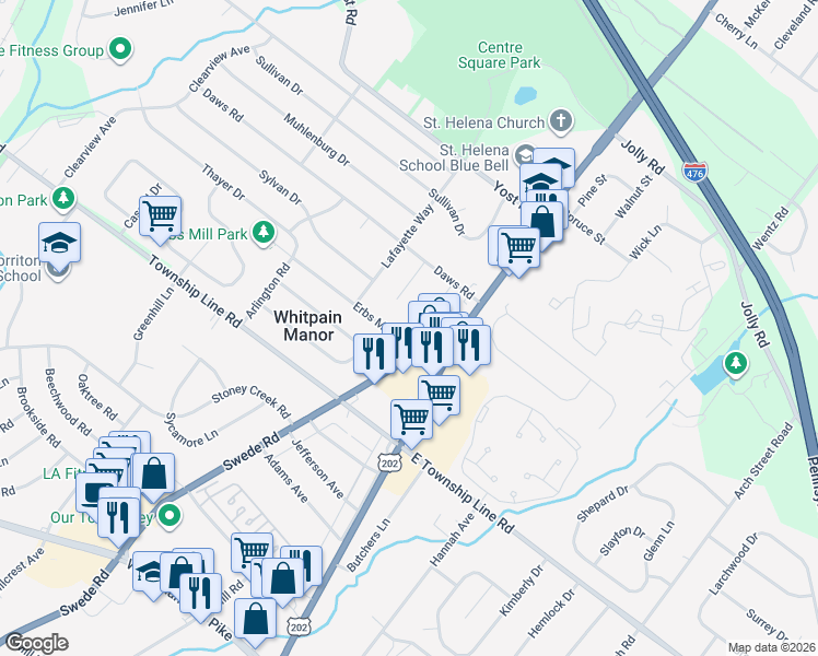 map of restaurants, bars, coffee shops, grocery stores, and more near 1411 Erbs Mill Road in Blue Bell