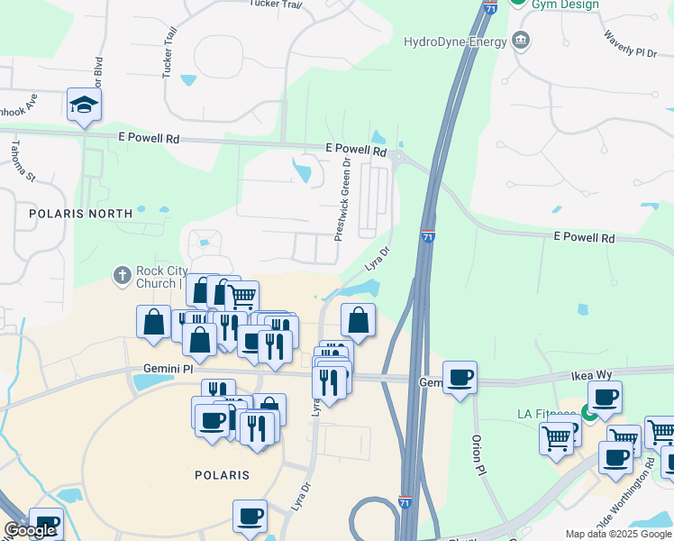 map of restaurants, bars, coffee shops, grocery stores, and more near 1635 England Drive in Columbus