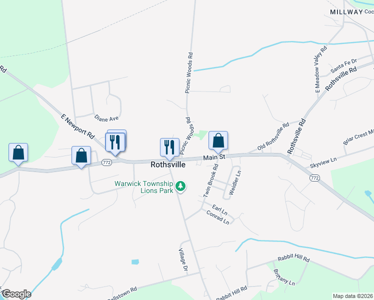 map of restaurants, bars, coffee shops, grocery stores, and more near 3 Picnic Woods Road in Lititz