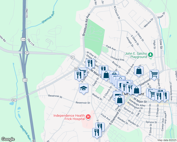 map of restaurants, bars, coffee shops, grocery stores, and more near 901 Pennsylvania 31 in Mount Pleasant
