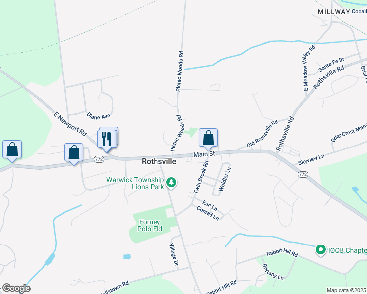 map of restaurants, bars, coffee shops, grocery stores, and more near 1 Picnic Woods Road in Lititz
