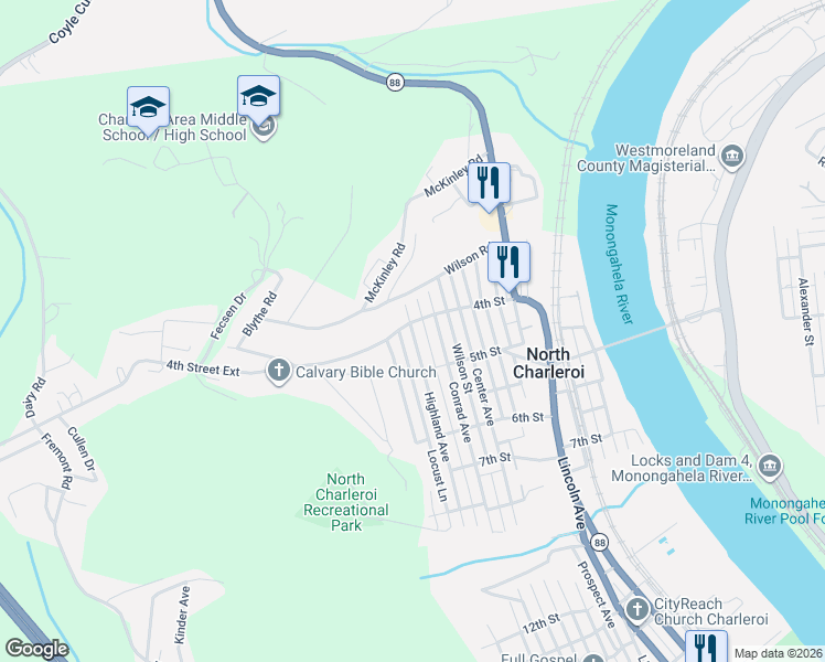 map of restaurants, bars, coffee shops, grocery stores, and more near 415 Highland Avenue in Charleroi