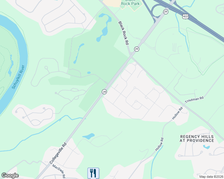 map of restaurants, bars, coffee shops, grocery stores, and more near 308 Dean Drive in Phoenixville