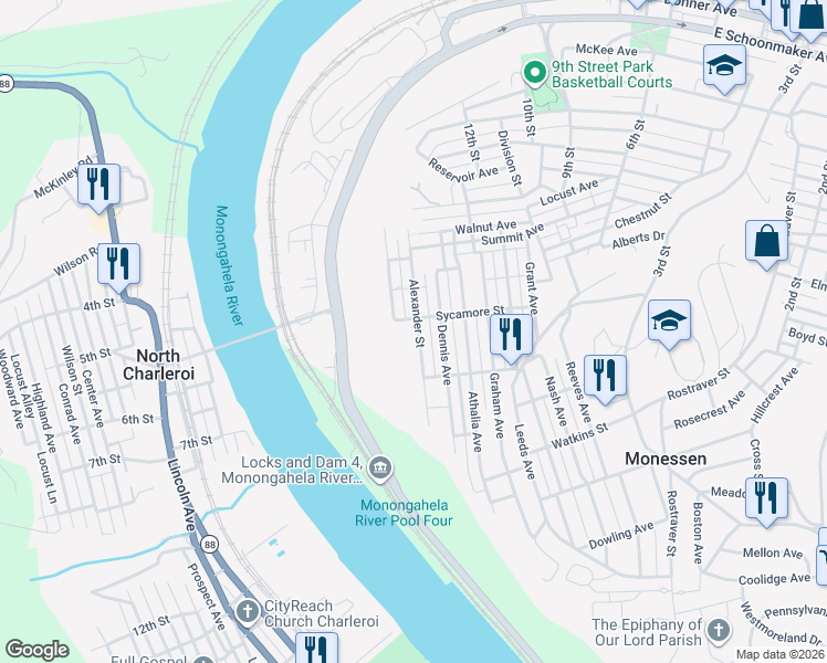 map of restaurants, bars, coffee shops, grocery stores, and more near 1015 Alexander Street in Monessen