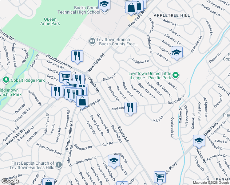 map of restaurants, bars, coffee shops, grocery stores, and more near 32 Rustleaf Lane in Levittown