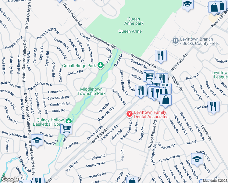 map of restaurants, bars, coffee shops, grocery stores, and more near 39 Quakeroak Road in Levittown