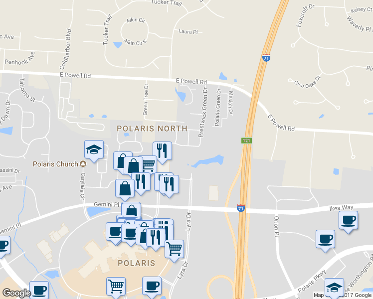 map of restaurants, bars, coffee shops, grocery stores, and more near 1599 England Drive in Columbus