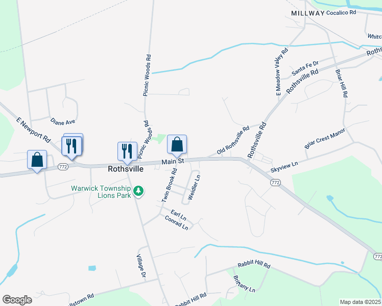 map of restaurants, bars, coffee shops, grocery stores, and more near 2117 Main Street in Lititz