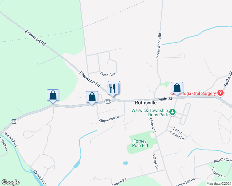 map of restaurants, bars, coffee shops, grocery stores, and more near 1263 East Newport Road in Lititz