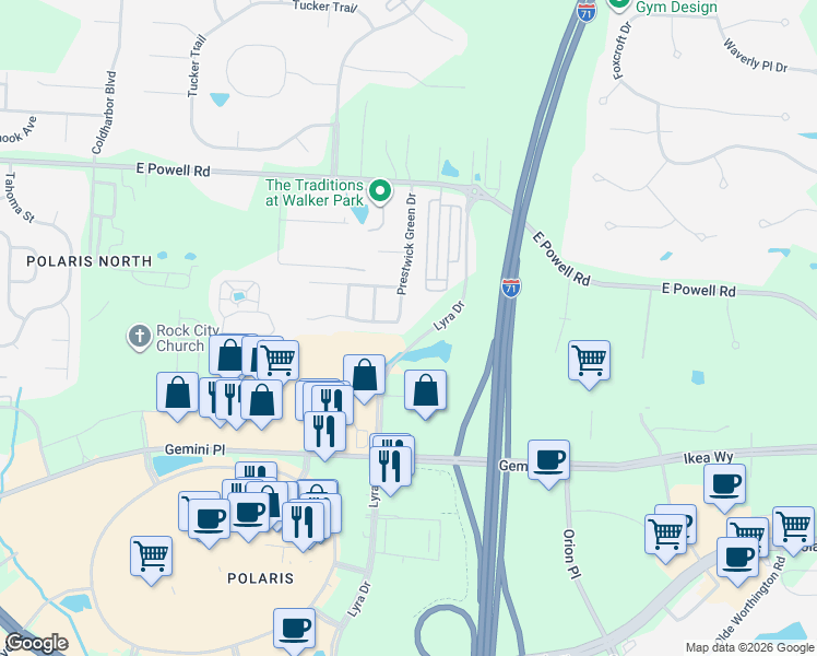 map of restaurants, bars, coffee shops, grocery stores, and more near 1635 England Drive in Columbus