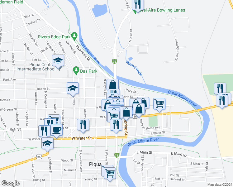 map of restaurants, bars, coffee shops, grocery stores, and more near 600 North Main Street in Piqua