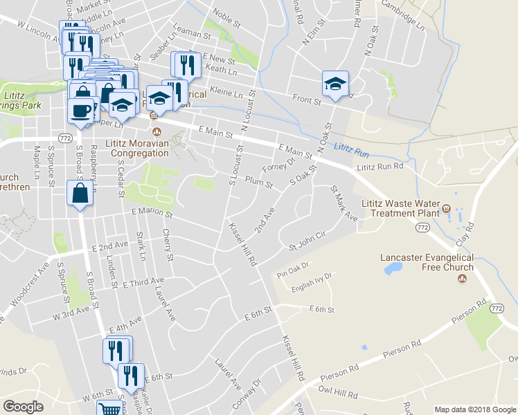 map of restaurants, bars, coffee shops, grocery stores, and more near 137 Forney Drive in Lititz