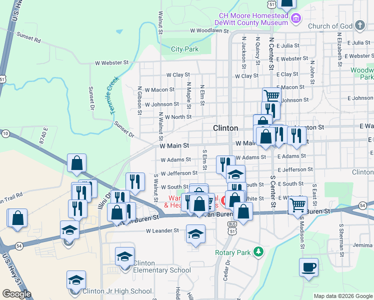 map of restaurants, bars, coffee shops, grocery stores, and more near 104 South Poplar Street in Clinton