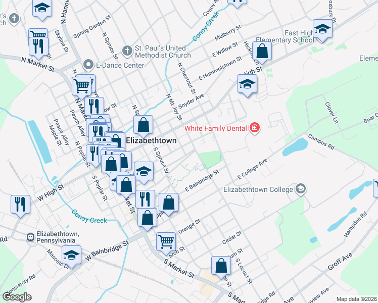 map of restaurants, bars, coffee shops, grocery stores, and more near 350 East Park Street in Elizabethtown
