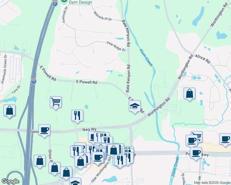 map of restaurants, bars, coffee shops, grocery stores, and more near 3670 East Powell Road in Lewis Center