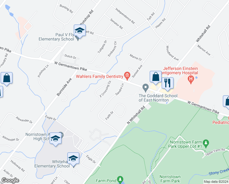 map of restaurants, bars, coffee shops, grocery stores, and more near 824 Sandra Lane in Norristown