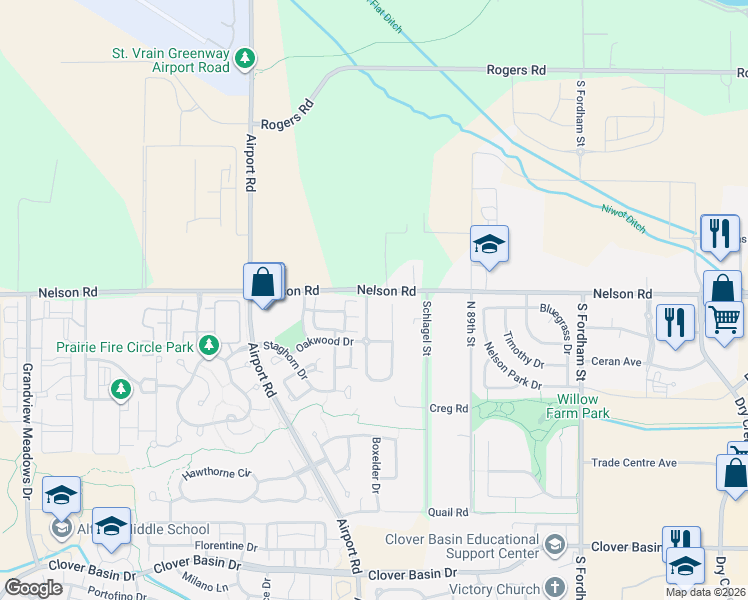 map of restaurants, bars, coffee shops, grocery stores, and more near 620 Stonebridge Drive in Longmont