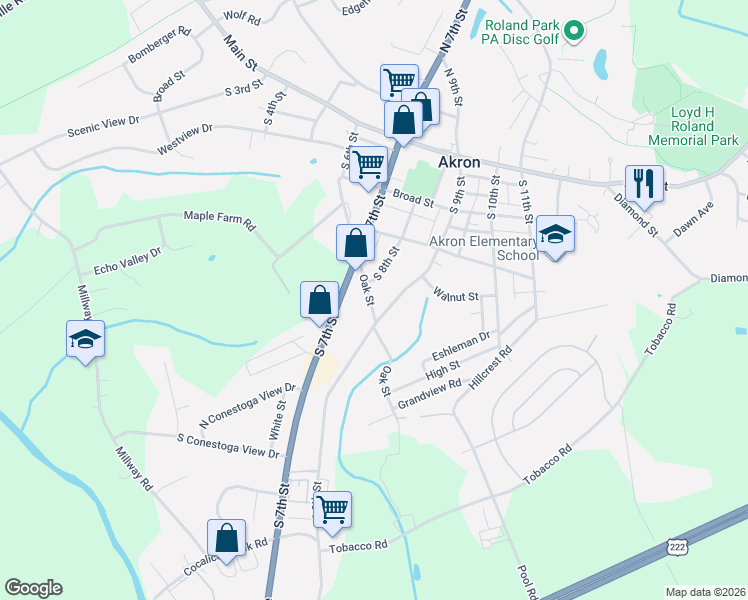 map of restaurants, bars, coffee shops, grocery stores, and more near 725 Oak Street in Akron