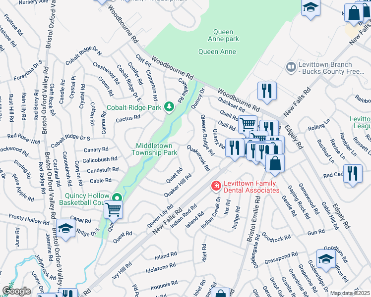 map of restaurants, bars, coffee shops, grocery stores, and more near 39 Quakeroak Road in Levittown