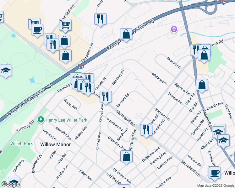 map of restaurants, bars, coffee shops, grocery stores, and more near 3505 West Moreland Road in Willow Grove