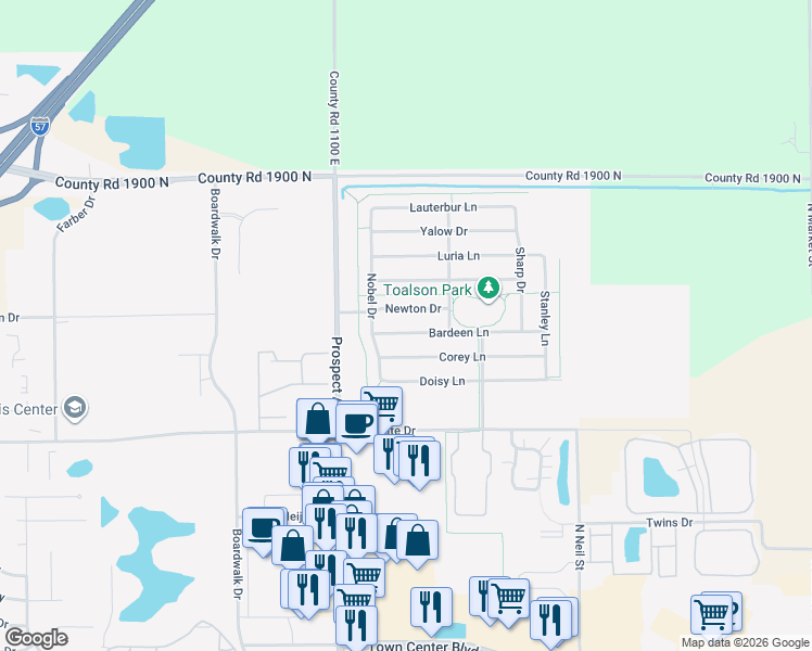 map of restaurants, bars, coffee shops, grocery stores, and more near 702 Bardeen Lane in Champaign