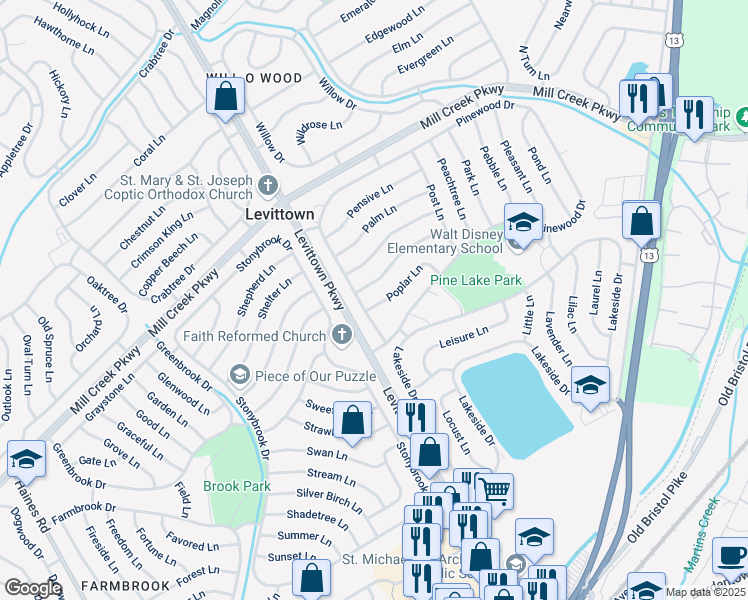 map of restaurants, bars, coffee shops, grocery stores, and more near 7 Poplar Lane in Levittown
