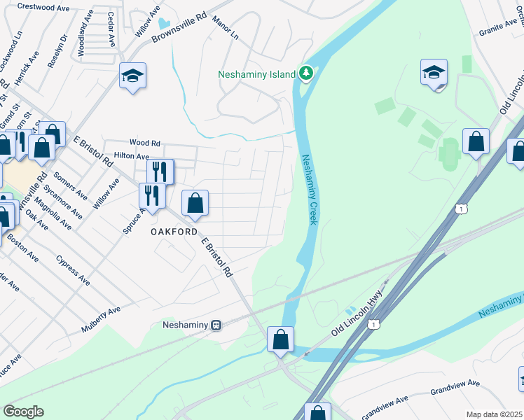 map of restaurants, bars, coffee shops, grocery stores, and more near 1979 Oakford Avenue in Bucks County