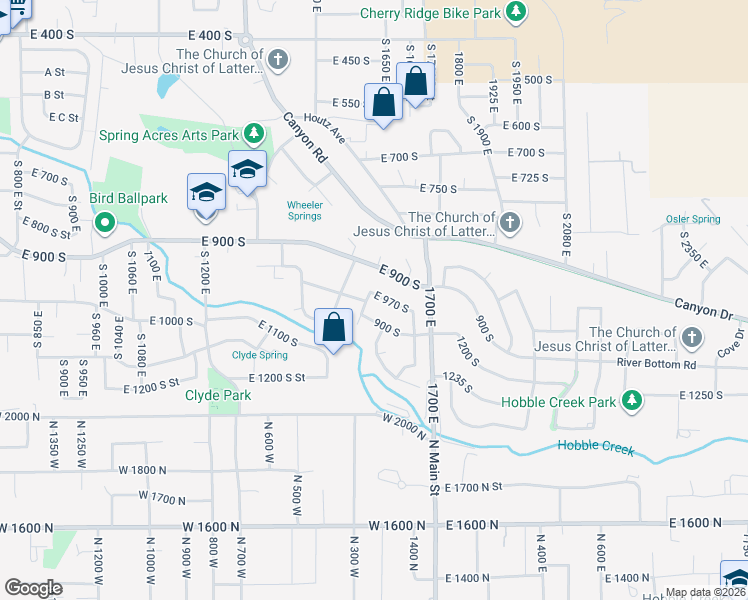 map of restaurants, bars, coffee shops, grocery stores, and more near 1078 1540 East in Springville