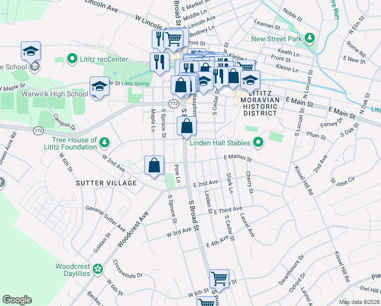 map of restaurants, bars, coffee shops, grocery stores, and more near 243 South Broad Street in Lititz