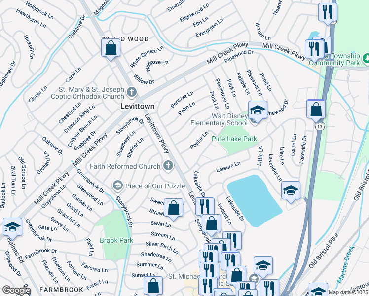 map of restaurants, bars, coffee shops, grocery stores, and more near 7 Poplar Lane in Levittown